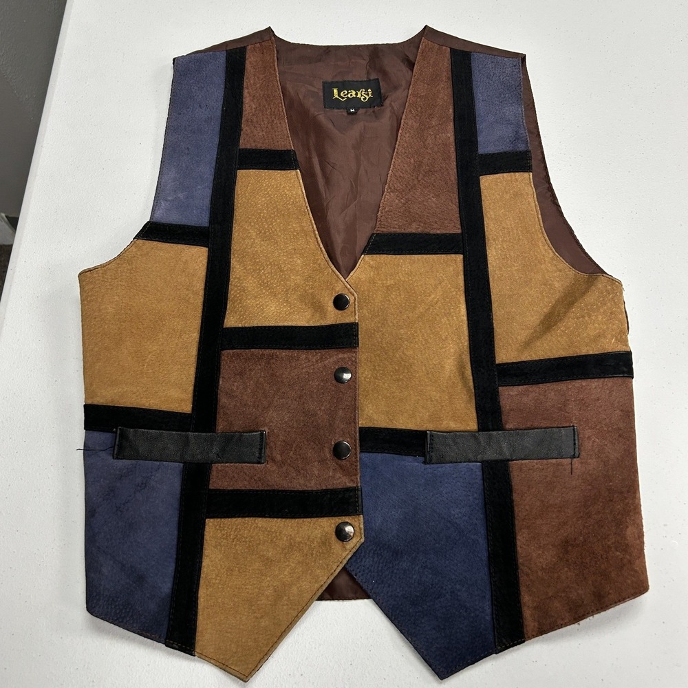 Learsi Patchwork Vest Mens Medium Brown Blue Suede Leather Colorblock Snap Front